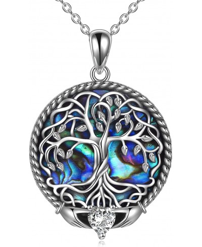 Claddagh Celtic Tree of Life Necklace Irish Jewelry for Women Sterling Silver Abalone Shell/Moonstone Family Tree Necklace Gi...