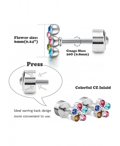 Stud Earrings for Women Cute Colorful Flower Shape CZ Inlaid Stainless Steel Ball Stud Earring Screw on Backs Tragus Cartilag...