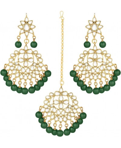 Beautiful Indian Traditional Wedding Faux Kundan Beaded Maang Tikka with Earrings Set for Women Ethnic Fashion Jewelry (Green...