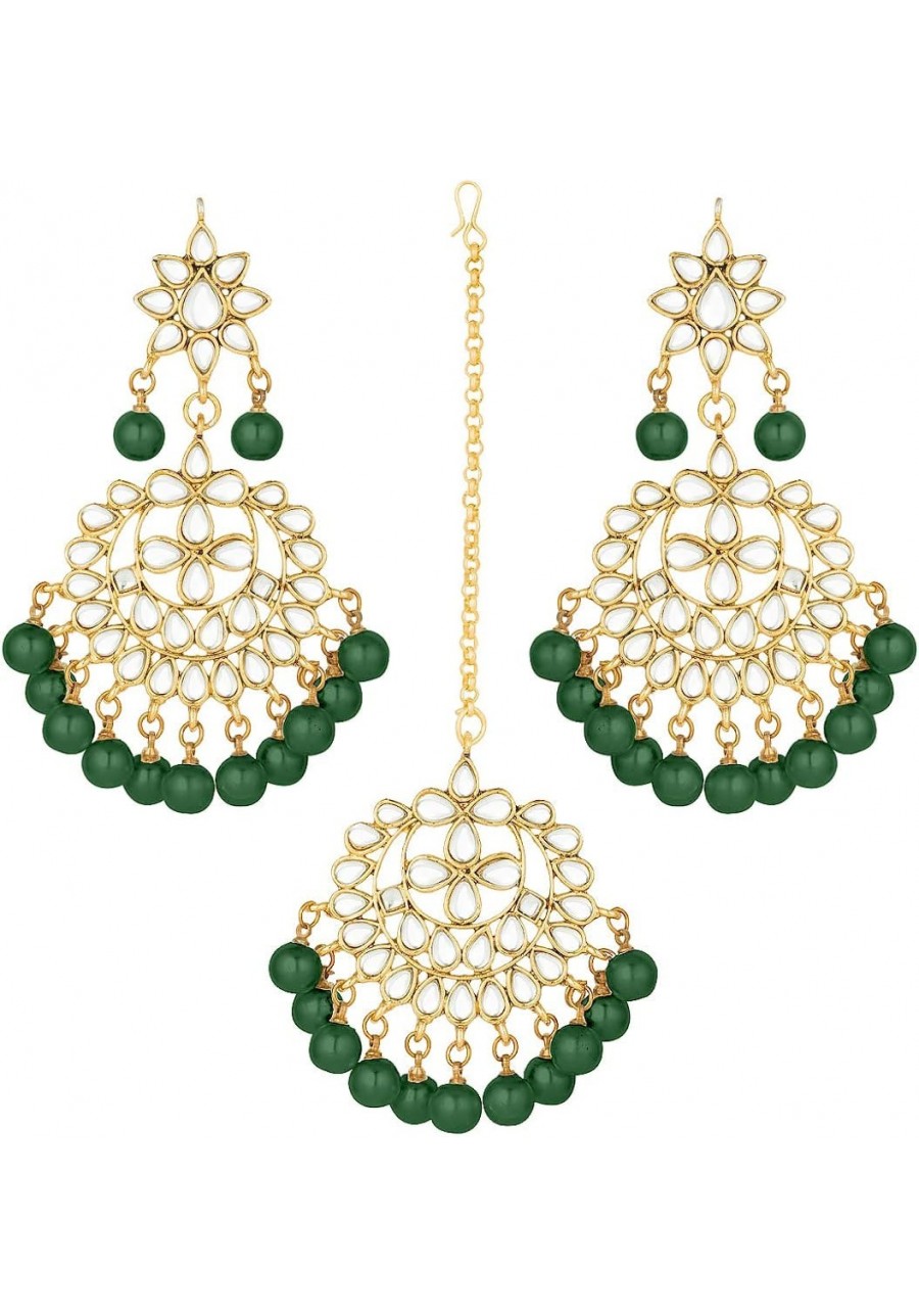 Beautiful Indian Traditional Wedding Faux Kundan Beaded Maang Tikka with Earrings Set for Women Ethnic Fashion Jewelry (Green...