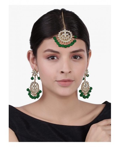 Beautiful Indian Traditional Wedding Faux Kundan Beaded Maang Tikka with Earrings Set for Women Ethnic Fashion Jewelry (Green...