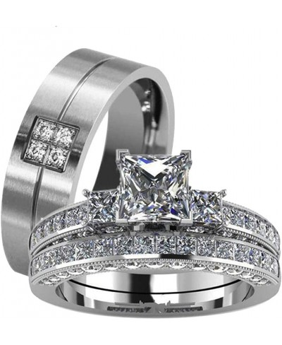 Couple Ring Bridal Set His Hers White Gold Plated CZ Stainless Steel Wedding Ring Band Set $17.74 Bridal Sets