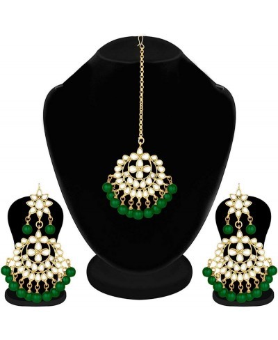 Beautiful Indian Traditional Wedding Faux Kundan Beaded Maang Tikka with Earrings Set for Women Ethnic Fashion Jewelry (Green...