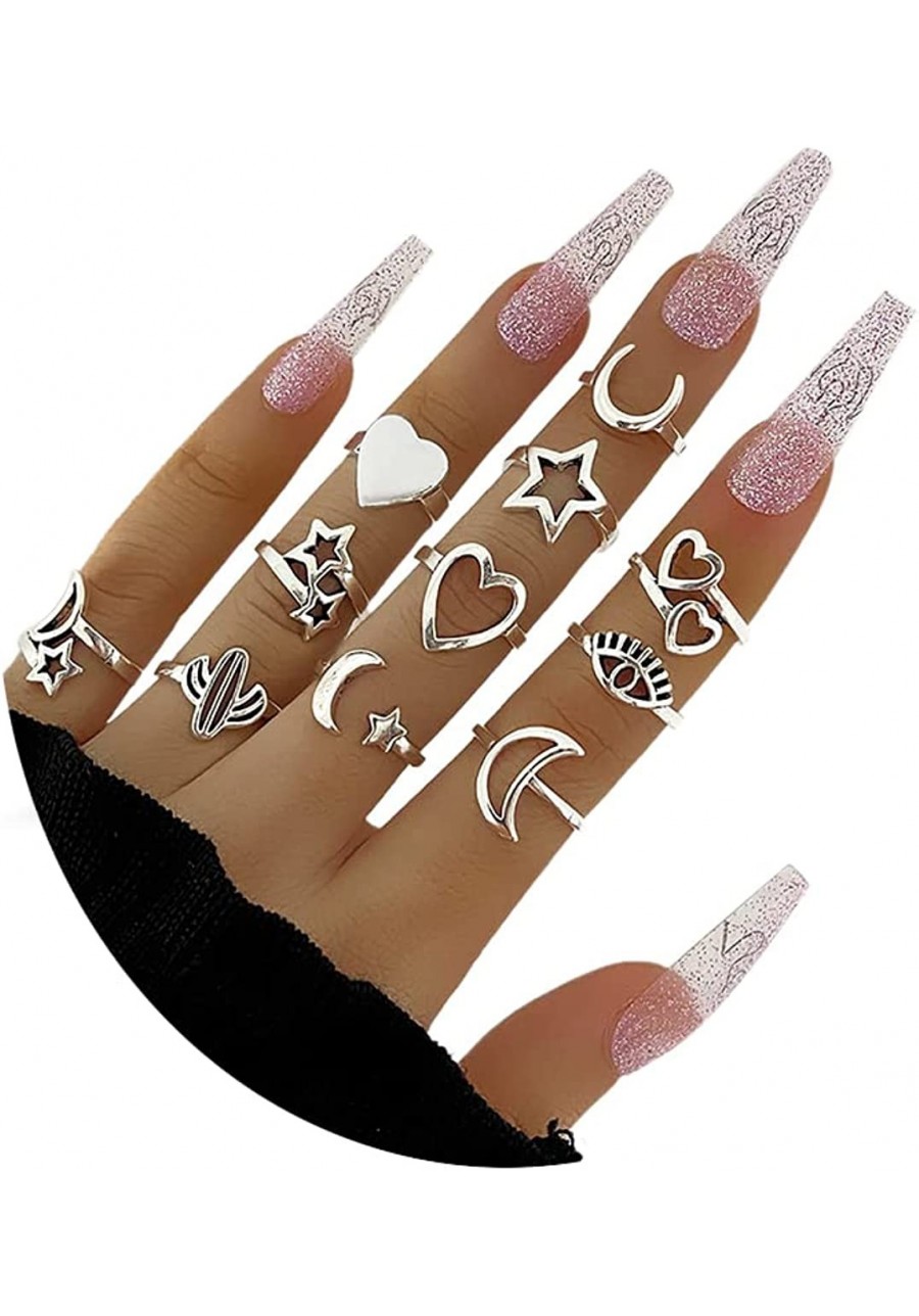 11-14 Pcs Silver Knuckle Stackable Finger Ring Cute Cat Paw Joint Midi Rings Hollow Star Moon Rings Love Heart Cactus Open Ri...