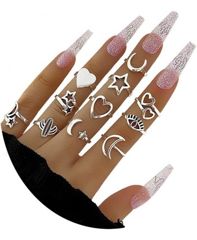 11-14 Pcs Silver Knuckle Stackable Finger Ring Cute Cat Paw Joint Midi Rings Hollow Star Moon Rings Love Heart Cactus Open Ri...