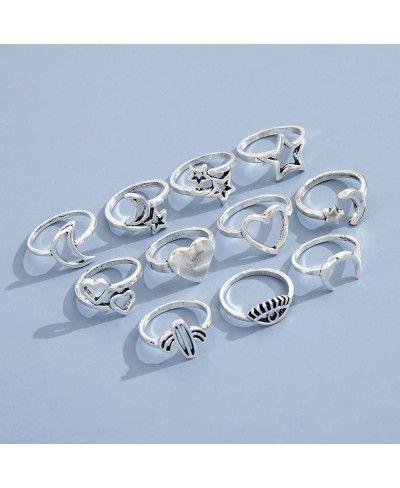 11-14 Pcs Silver Knuckle Stackable Finger Ring Cute Cat Paw Joint Midi Rings Hollow Star Moon Rings Love Heart Cactus Open Ri...