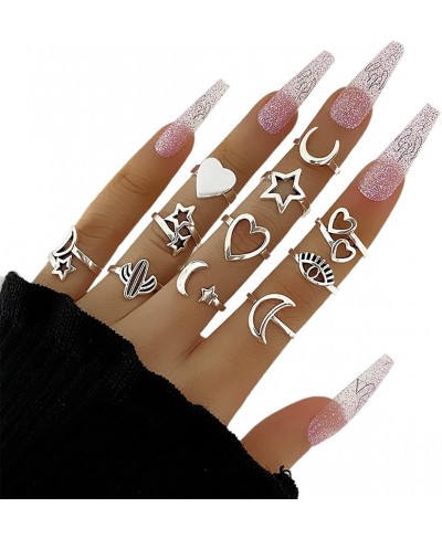 11-14 Pcs Silver Knuckle Stackable Finger Ring Cute Cat Paw Joint Midi Rings Hollow Star Moon Rings Love Heart Cactus Open Ri...