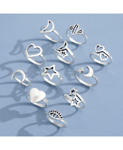 11-14 Pcs Silver Knuckle Stackable Finger Ring Cute Cat Paw Joint Midi Rings Hollow Star Moon Rings Love Heart Cactus Open Ri...