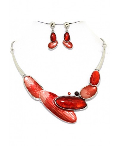 Long Oval Red Silver Tone Alloy 19" Bib Necklace Earrings Set Fashion Jewelry $19.63 Jewelry Sets