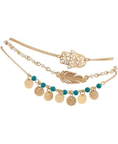 Hamsa Evil Eye Leaf Feather Turquoise Bead BFF Best Friends Forever Anklet Set (3pc) $9.95 Anklets