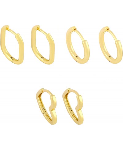 3pairs Hoop Earrings Set 14K Gold Plated Lightweight Hypoallergenic Chunky Round Square Gem Heart Hoop Earrings Gold Earring ...