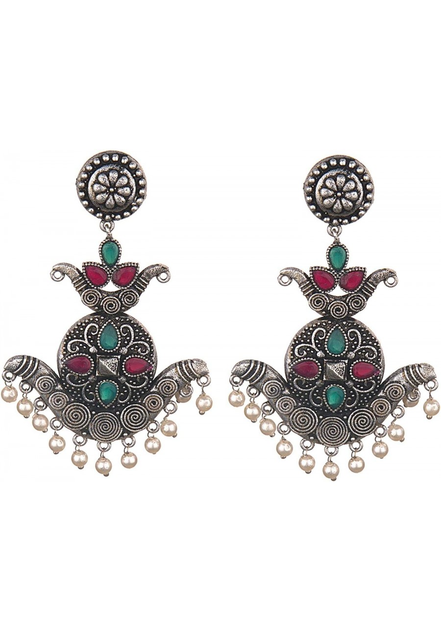 Boho Vintage Antique Ethnic Gypsy Tribal Indian Oxidized Silver Faux Stone Pearl Drop Dangle Earring Set Jewelry $9.11 Drop &...