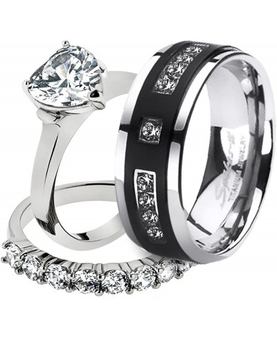 His & Her Stainless Steel 2.70 Ct Cz Bridal Set & Men's Titanium Wedding Band $38.78 Bridal Sets