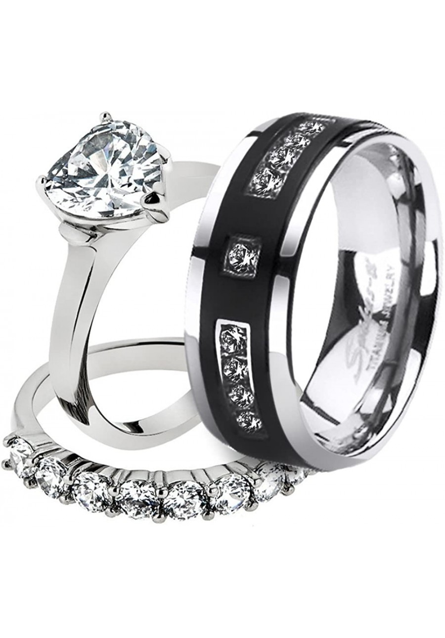 His & Her Stainless Steel 2.70 Ct Cz Bridal Set & Men's Titanium Wedding Band $38.78 Bridal Sets