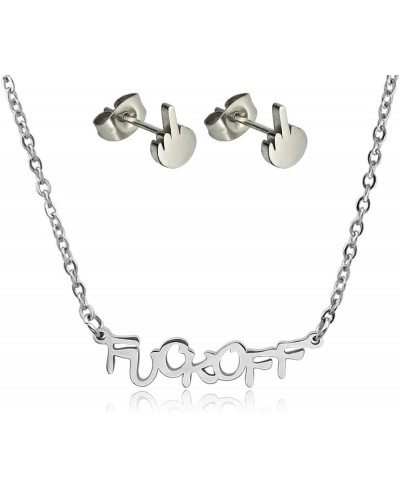 Fuck Off Pendant Necklace Middle Finger Ear Stud Jewelry Set $13.46 Jewelry Sets