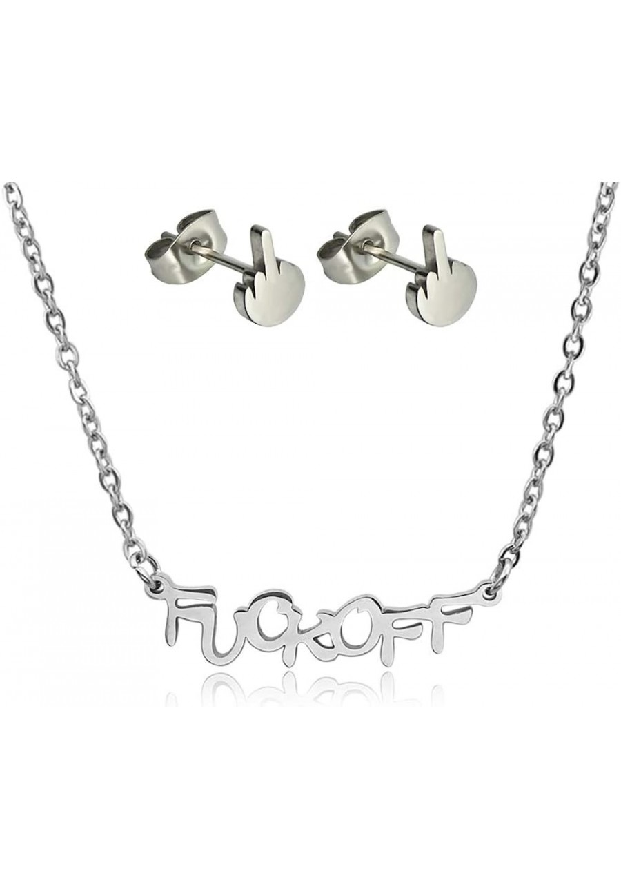 Fuck Off Pendant Necklace Middle Finger Ear Stud Jewelry Set $13.46 Jewelry Sets