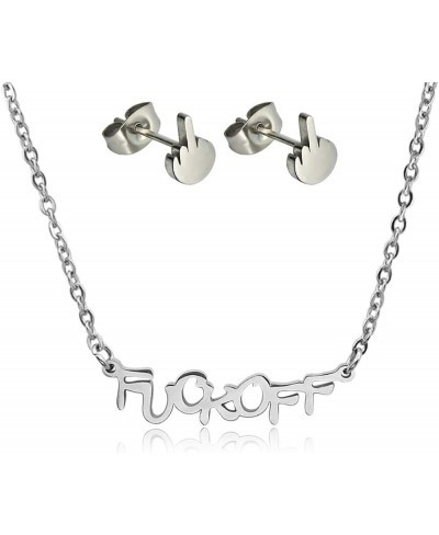 Fuck Off Pendant Necklace Middle Finger Ear Stud Jewelry Set $13.46 Jewelry Sets