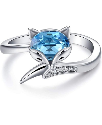 Sterling Silver Fox Ring for Women Simulated Aquamarine Birthstone Crystal from Austria Animal Fox Tail Adjustable Open Ring ...