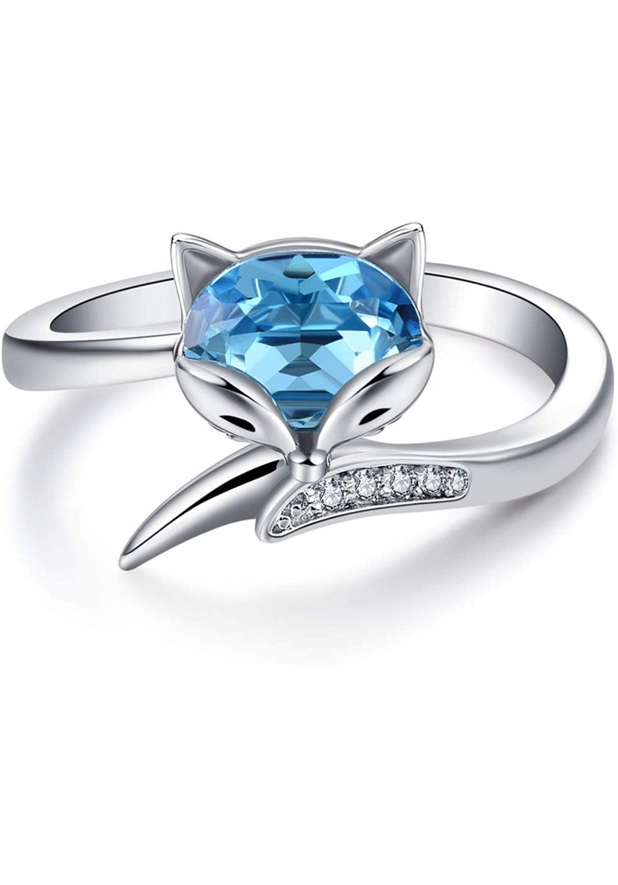 Sterling Silver Fox Ring for Women Simulated Aquamarine Birthstone Crystal from Austria Animal Fox Tail Adjustable Open Ring ...