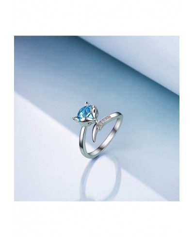 Sterling Silver Fox Ring for Women Simulated Aquamarine Birthstone Crystal from Austria Animal Fox Tail Adjustable Open Ring ...