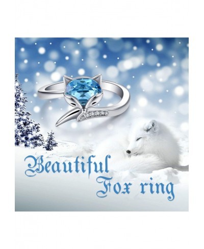 Sterling Silver Fox Ring for Women Simulated Aquamarine Birthstone Crystal from Austria Animal Fox Tail Adjustable Open Ring ...