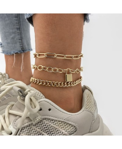 Boho Layered Ankle Bracelets Punk Cuban Link Chain Anklet Dainty Paperclip Anklet Lock Foot Chain Anklet for Women and Girls(...