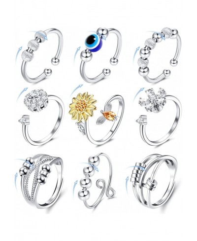 9Pcs Fidget Anxiety Rings for Women Adjustable Spinner Ring Open Spinning Ring Fidget Rings for Anxiety Cubic Zirconia Flower...