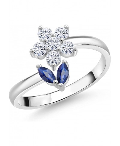 Keren Hanan 925 Sterling Silver Blue Sapphire and White Created Moissanite Flower Open Ring For Women (0.58 Cttw Available In...