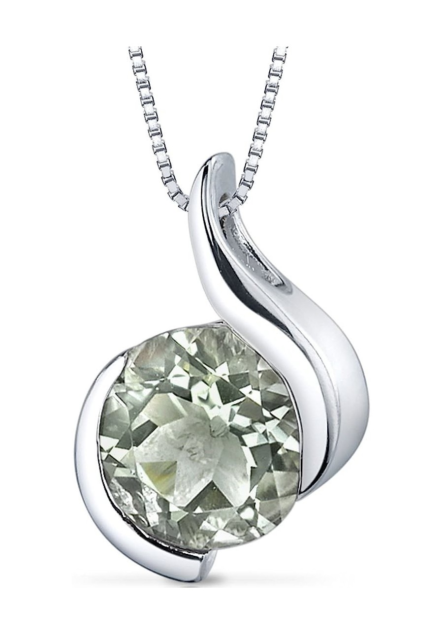 Green Amethyst Open Bezel Wave Pendant Necklace for Women 925 Sterling Silver Natural Gemstone 1.75 Carats Round Shape 8mm wi...