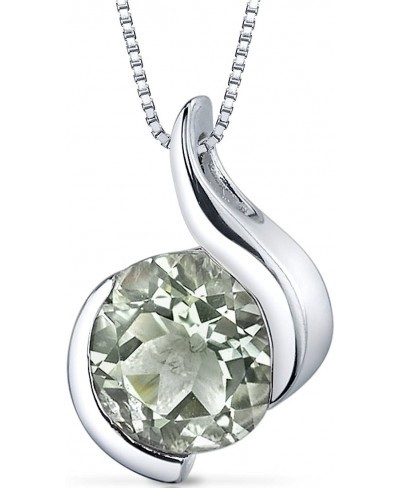 Green Amethyst Open Bezel Wave Pendant Necklace for Women 925 Sterling Silver Natural Gemstone 1.75 Carats Round Shape 8mm wi...