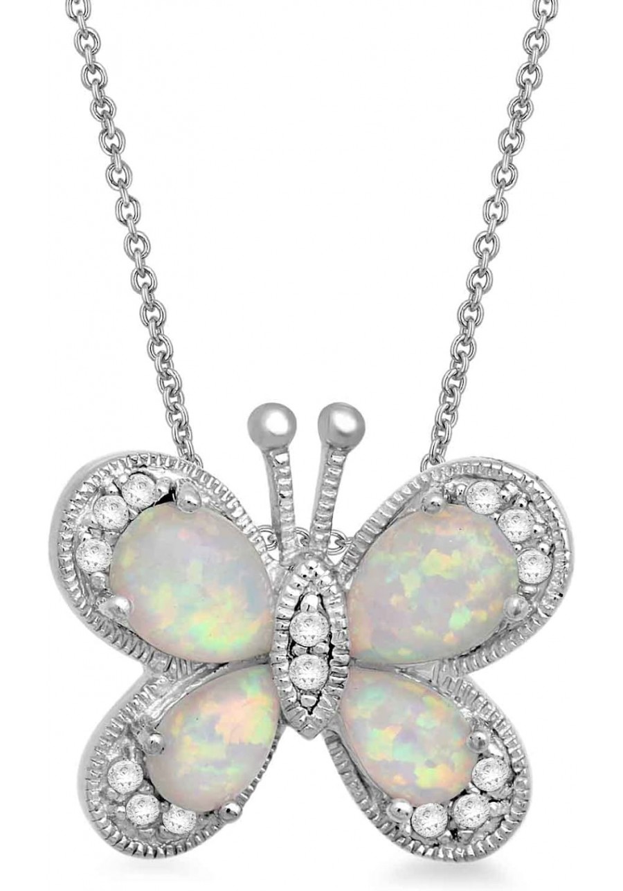 Pendant Necklace in Sterling Silver with Pear Shape Created Opal and Round Created White Sapphire Butterfly 18" Rolo Chain $3...