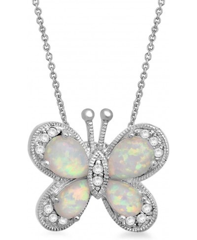 Pendant Necklace in Sterling Silver with Pear Shape Created Opal and Round Created White Sapphire Butterfly 18" Rolo Chain $3...