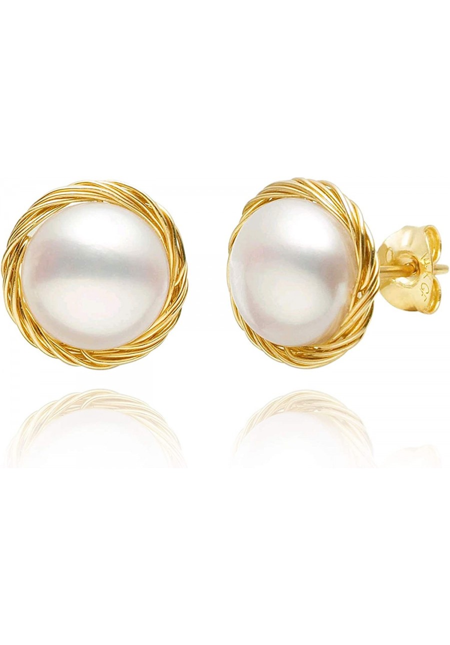 14K Gold Plated Freshwater Pearl Stud Earrings Women's Handmade (Gold) $8.76 Stud