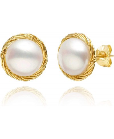 14K Gold Plated Freshwater Pearl Stud Earrings Women's Handmade (Gold) $8.76 Stud