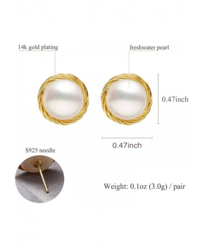 14K Gold Plated Freshwater Pearl Stud Earrings Women's Handmade (Gold) $8.76 Stud