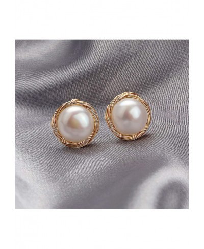 14K Gold Plated Freshwater Pearl Stud Earrings Women's Handmade (Gold) $8.76 Stud