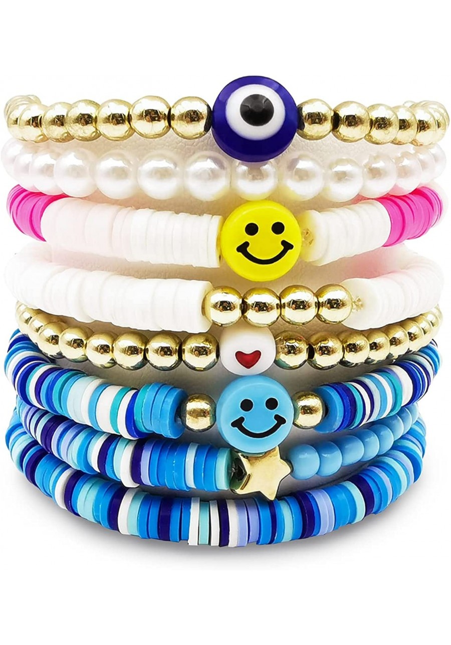 Heishi Surfer Bracelets Colorful Preppy Happy Smile Evil Eye Beaded Stretch Bracelets Rainbow Vinyl Clay Y2K Beaded Stretch B...