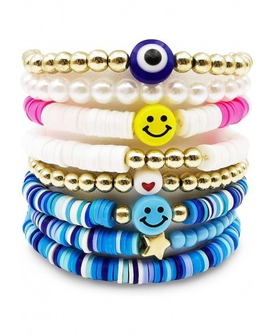 Heishi Surfer Bracelets Colorful Preppy Happy Smile Evil Eye Beaded Stretch Bracelets Rainbow Vinyl Clay Y2K Beaded Stretch B...