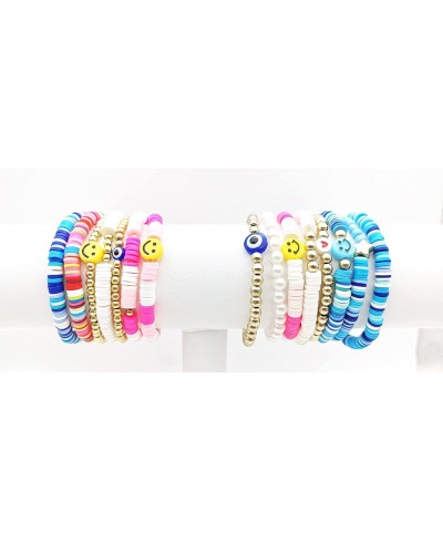 Heishi Surfer Bracelets Colorful Preppy Happy Smile Evil Eye Beaded Stretch Bracelets Rainbow Vinyl Clay Y2K Beaded Stretch B...