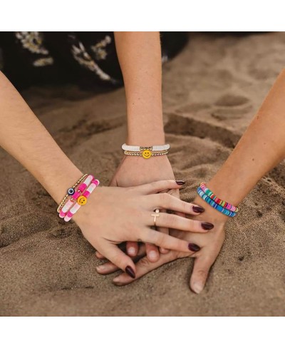 Heishi Surfer Bracelets Colorful Preppy Happy Smile Evil Eye Beaded Stretch Bracelets Rainbow Vinyl Clay Y2K Beaded Stretch B...