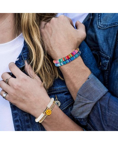 Heishi Surfer Bracelets Colorful Preppy Happy Smile Evil Eye Beaded Stretch Bracelets Rainbow Vinyl Clay Y2K Beaded Stretch B...