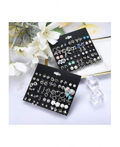 64 Pairs Assorted Stud Earrings Set for Women Triangle Circle Bar Star Moon Leaf Heart Bee Flower Bow CZ Ball Faux Pearl Big ...