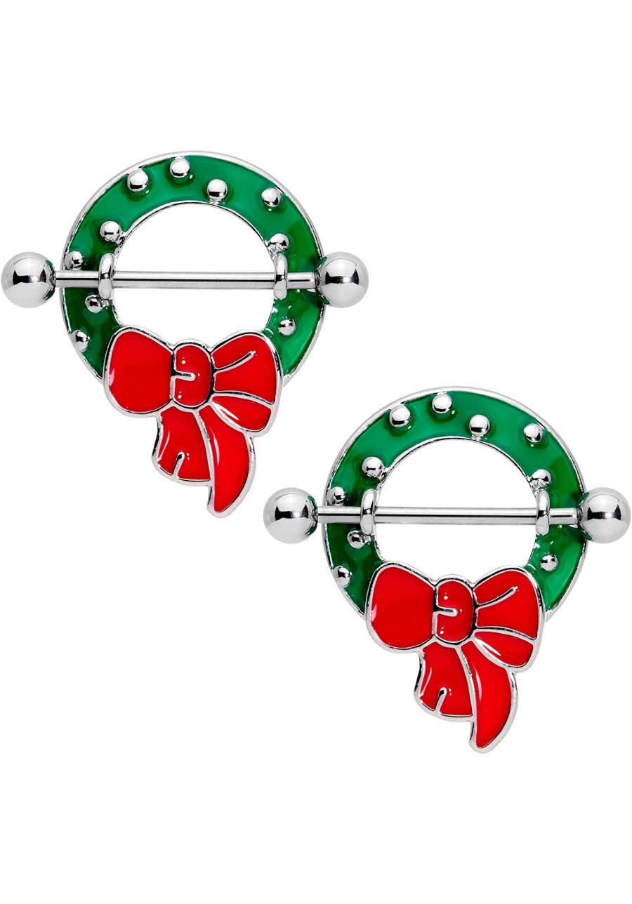 14G Women Nipplerings Piercing Steel 2Pc Red Bow Christmas Holiday Wreath Nipple Shield Set 9/16 $17.26 Piercing Jewelry