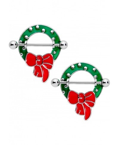 14G Women Nipplerings Piercing Steel 2Pc Red Bow Christmas Holiday Wreath Nipple Shield Set 9/16 $17.26 Piercing Jewelry