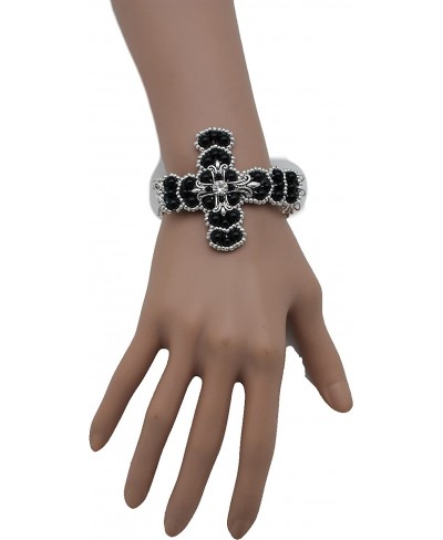 Women Bling Western Bracelet Weekend Fashion Jewelry Silver Metal Chains Rhinestones Cross Charm Beads Black $12.53 Link