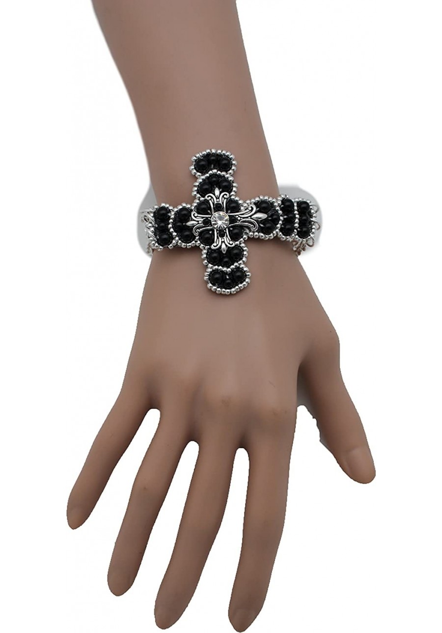 Women Bling Western Bracelet Weekend Fashion Jewelry Silver Metal Chains Rhinestones Cross Charm Beads Black $12.53 Link