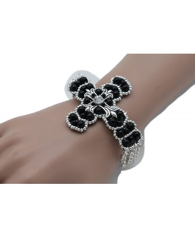 Women Bling Western Bracelet Weekend Fashion Jewelry Silver Metal Chains Rhinestones Cross Charm Beads Black $12.53 Link