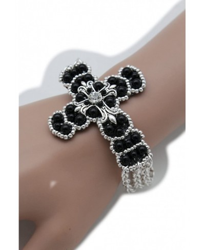 Women Bling Western Bracelet Weekend Fashion Jewelry Silver Metal Chains Rhinestones Cross Charm Beads Black $12.53 Link