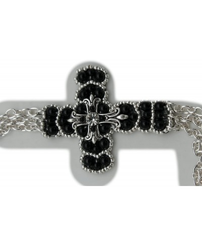 Women Bling Western Bracelet Weekend Fashion Jewelry Silver Metal Chains Rhinestones Cross Charm Beads Black $12.53 Link