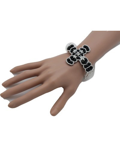 Women Bling Western Bracelet Weekend Fashion Jewelry Silver Metal Chains Rhinestones Cross Charm Beads Black $12.53 Link